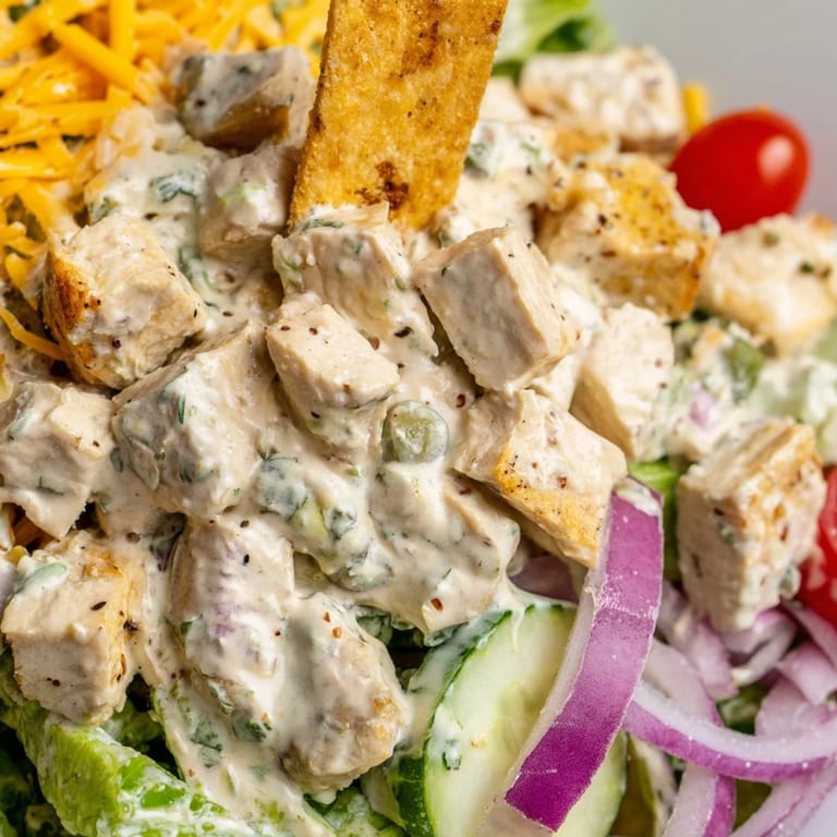 Freshly prepared Jalapeño Ranch Chicken Salad showcases juicy chicken cubes, diced tomatoes, cucumbers, and a creamy, spicy ranch drizzle on a bed of greens.