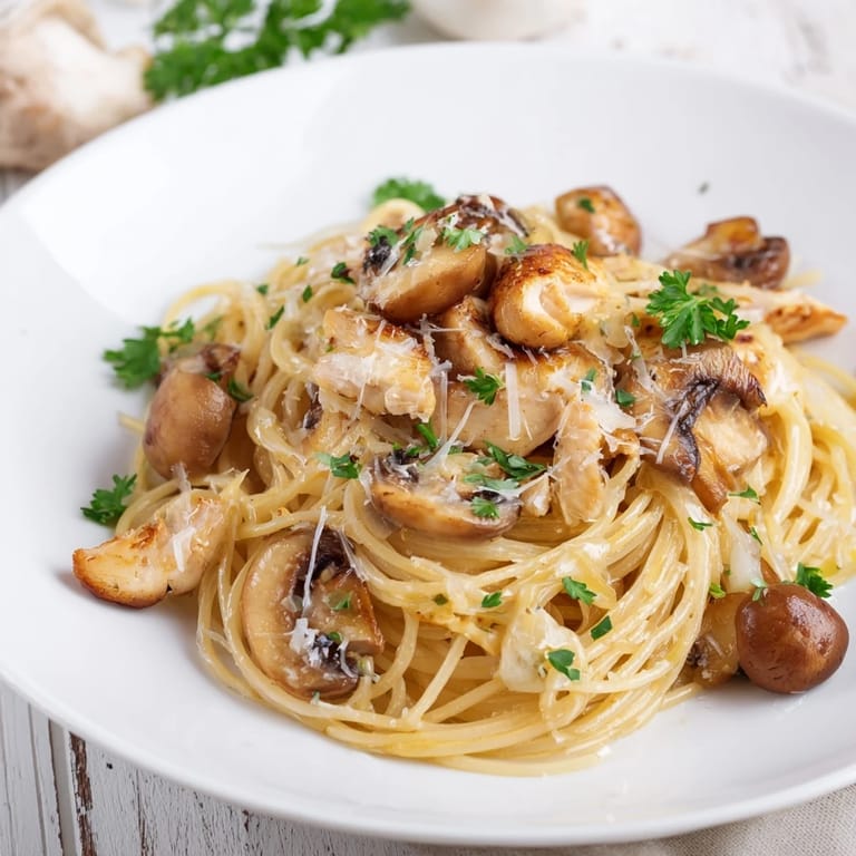 Top-down overhead shot of Creamy Mushroom Chicken Spaghettini served in a white bowl, showing al dente spaghettini pasta twirled with sautéed cremini mushrooms and lean chicken breast in a light cream sauce.
