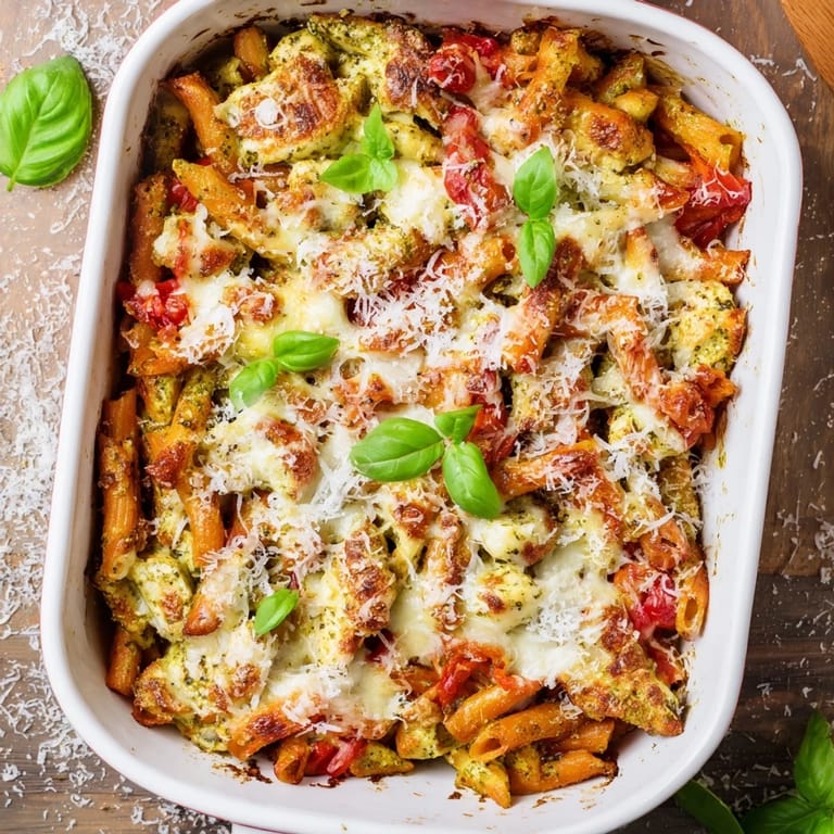 Cheesy Pesto Chicken Pasta Bake fresh from the oven, served with a side salad for a family dinner.