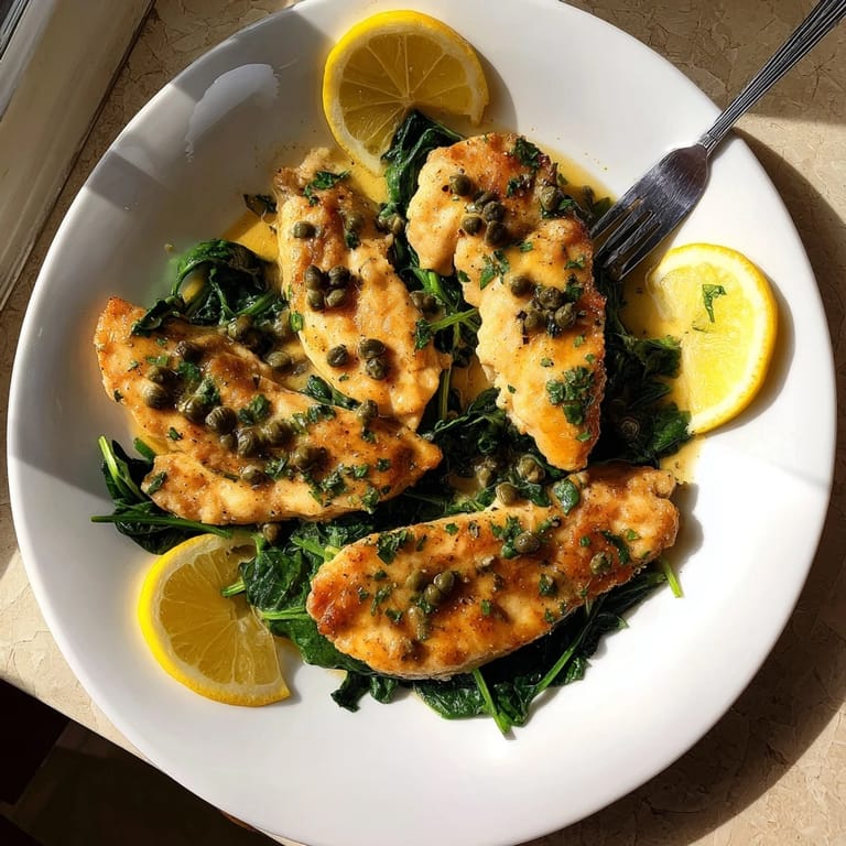 Pan-seared Spinach Lemon Butter Chicken served over tender spinach, garnished with fresh parsley and bright lemon slices for a fresh look.
