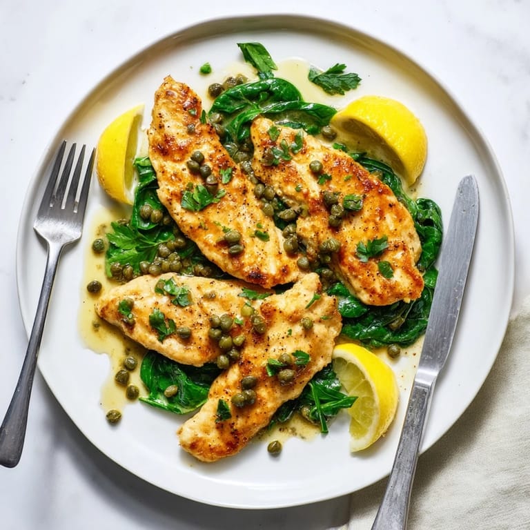 Tender Spinach Lemon Butter Chicken cutlets bathed in a bright, buttery lemon sauce, paired with wilted spinach and fresh parsley.