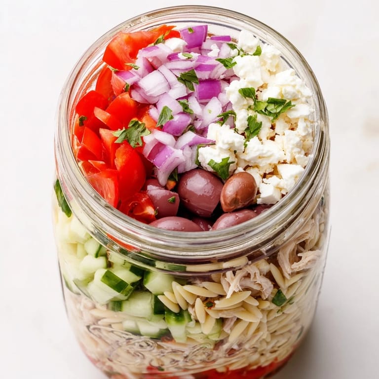 Freshly prepared Greek Pasta Chicken Salad Jars for grab-and-go lunches, featuring orzo, chicken, crisp veggies, and creamy feta cheese.