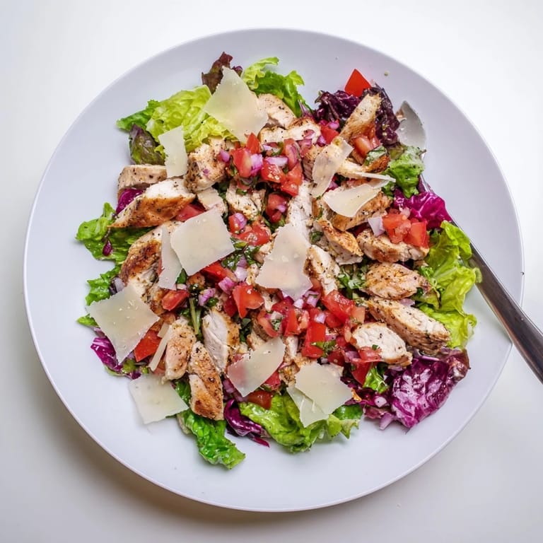 Hearty Italian-American Bruschetta Chicken Salad featuring zesty tomato topping, shaved Parmesan, and mixed greens, plated for a light and healthy summer dinner.