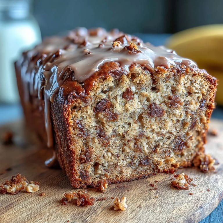 A fresh loaf of Chocolate Chip Peanut Butter Oatmeal Banana Bread topped with peanuts, sliced to reveal oats and creamy peanut butter swirls.
