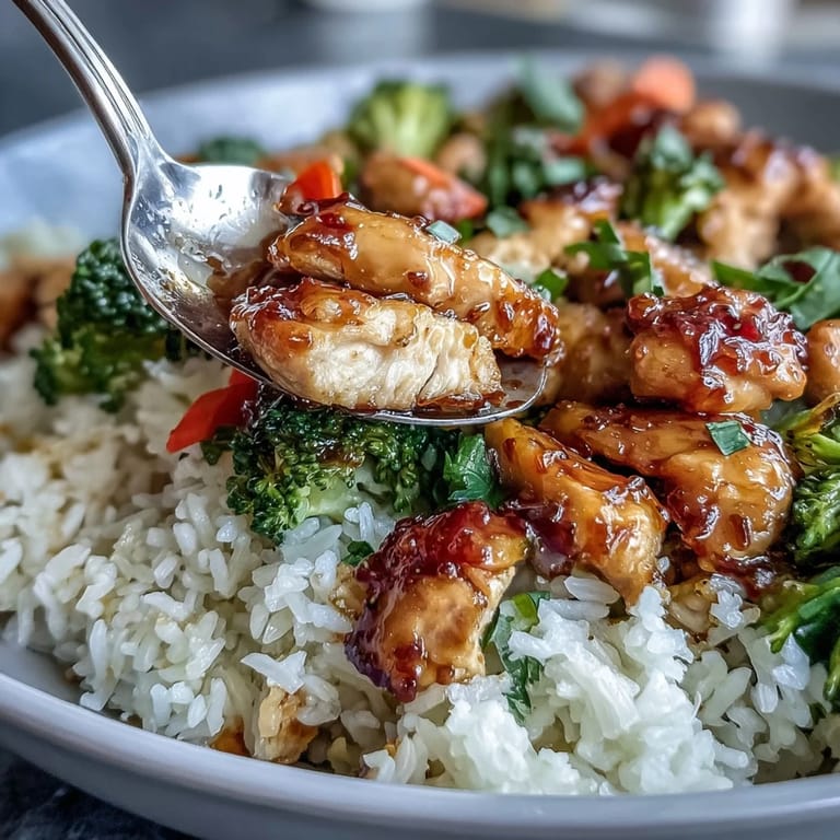 A close-up of One Pan Honey Garlic Chicken Broccoli Rice reveals tender chicken pieces, glistening sauce, and garnished green onions and sesame seeds.