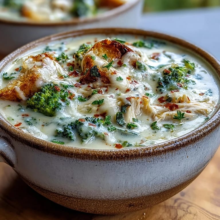A close-up of a steaming bowl of Chicken Broccoli Cheddar Soup, topped with melted cheddar and fresh herbs, ready to serve on a cold day.