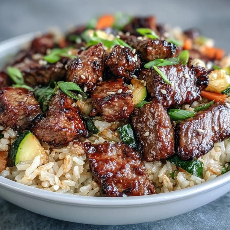 Steam rises from a colorful skillet of Easy Hibachi Steak With Fried Rice, garnished with sesame seeds and served alongside a small dish of yum yum sauce.