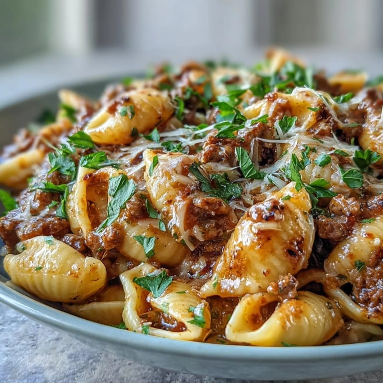 Comforting One Pot Beef and Shells with ground beef, shells, and melted cheddar, served steaming in a skillet.