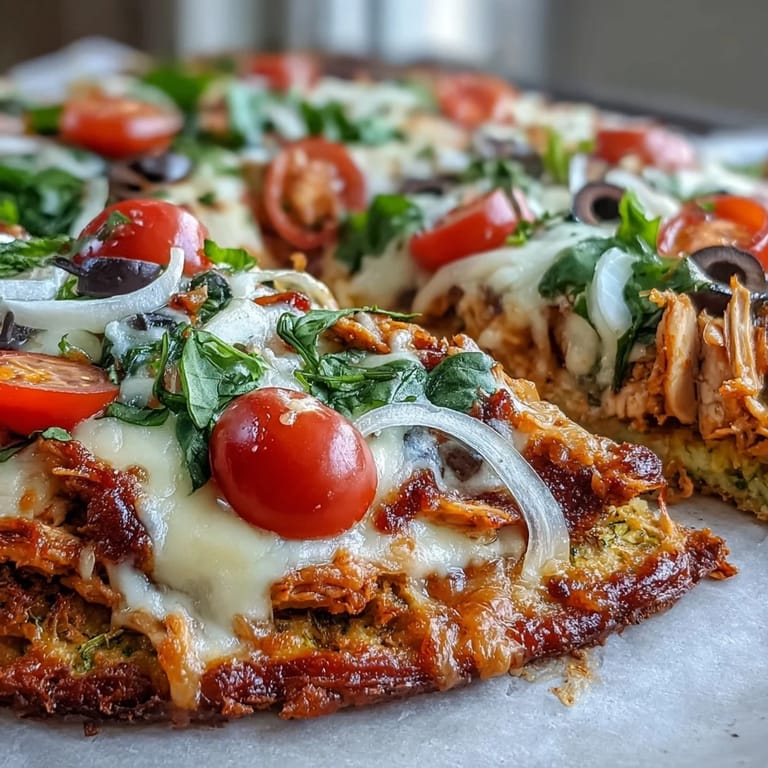 Freshly baked Broccoli Chicken Crust Pizza on a rustic table, featuring colorful toppings like cherry tomatoes, black olives, and red onion.