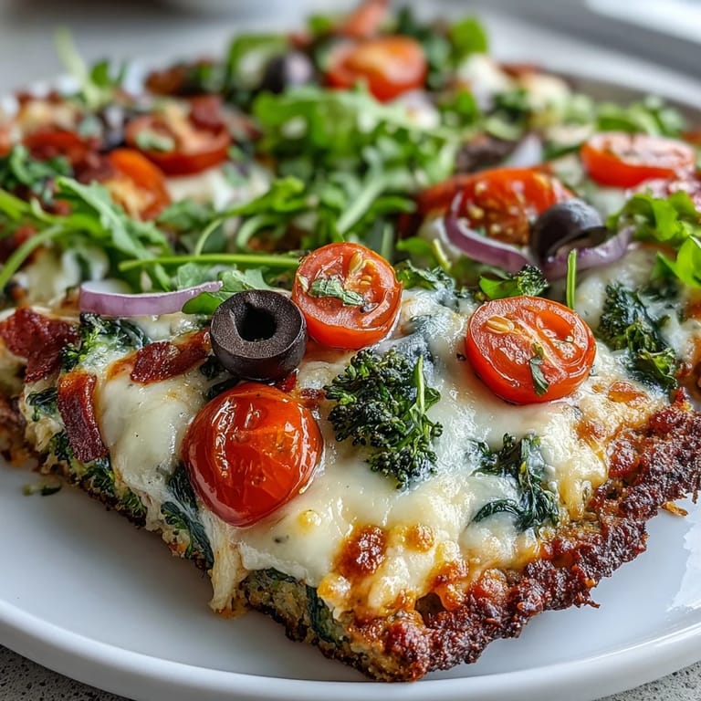 A close-up slice of Broccoli Chicken Crust Pizza shows the hearty, low-carb vegetable base layered with gooey cheese and savory chicken.  