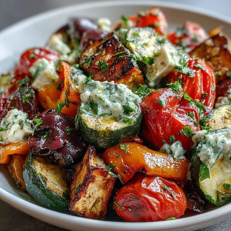 Warm Roasted Greek Salad served over crisp cucumbers, drizzled with a zesty lemon-oregano vinaigrette.