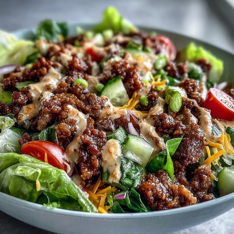 Drizzled with special sauce, the Easy Big Mac in a Bowl shows chopped pickles, tomatoes, and red onion for tangy crunch.