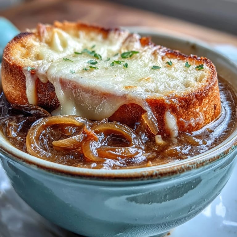 Freshly broiled Classic French Onion Soup with bubbly golden cheese melts into the rich, savory broth beneath.