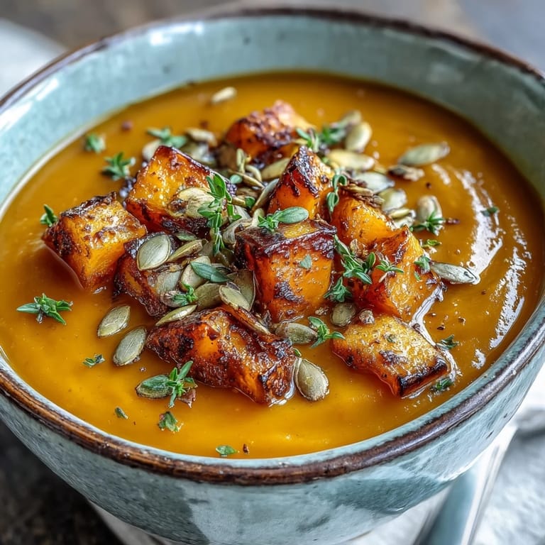 Creamy butternut squash soup with a maple syrup drizzle, served alongside rustic crusty bread. 