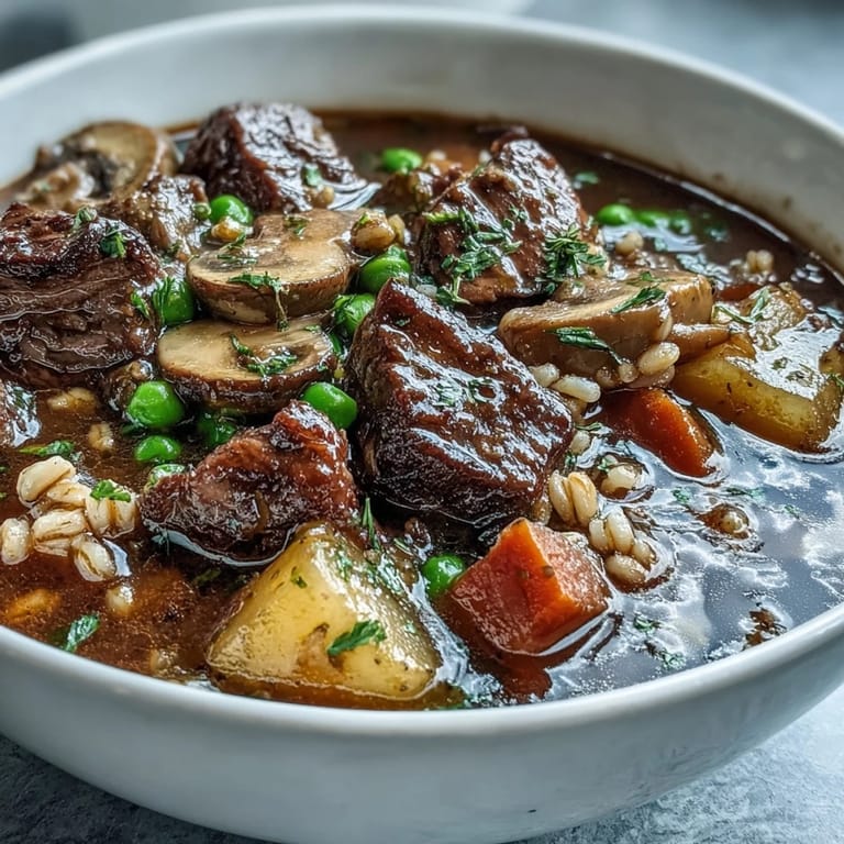 Warm pot of hearty beef and barley soup, garnished with thyme, ready to serve with crusty bread.