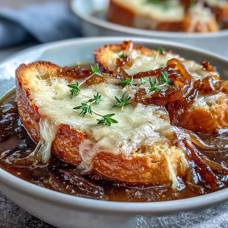 Golden French Onion Soup steaming in a ceramic bowl, topped with toasted baguette and bubbling, melted Gruyère cheese.