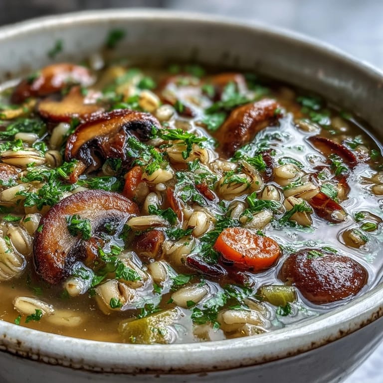 Earthy mushroom barley soup simmering in a pot, ready to serve. A wholesome vegetarian meal perfect for cozy dinners.