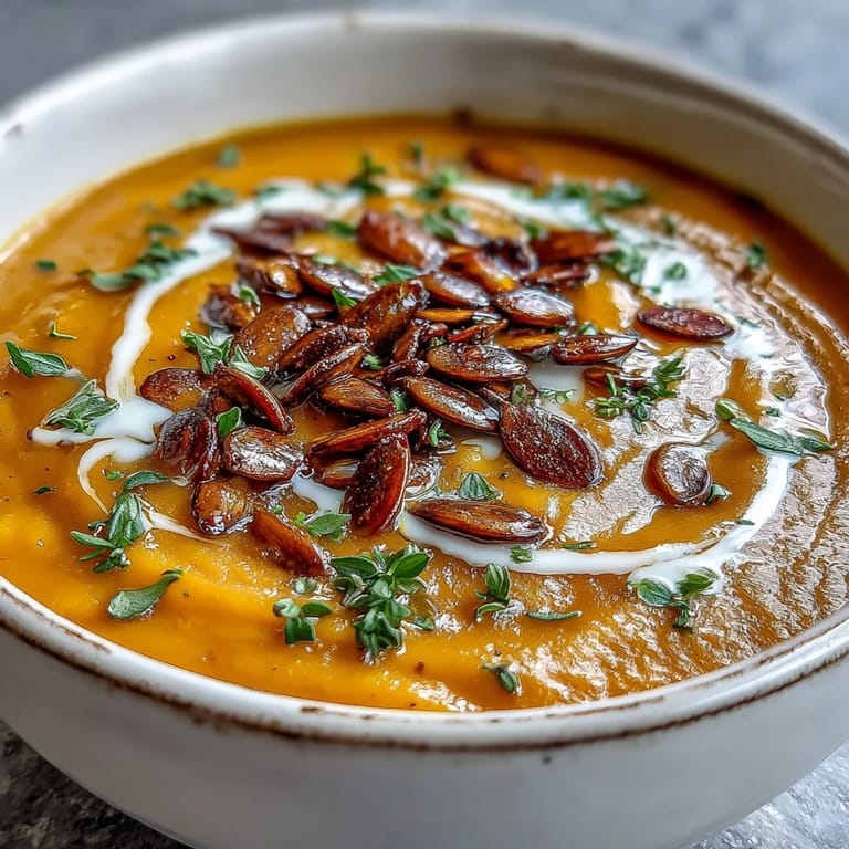 Creamy Roasted Butternut Squash Soup garnished with pumpkin seeds in a rustic bowl.