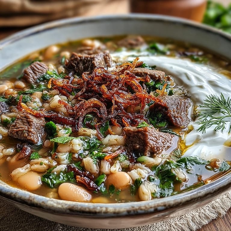 A close-up of Beef Barley Soup highlights fresh herbs, vibrant carrots, and rich broth, ready to be served hot.
