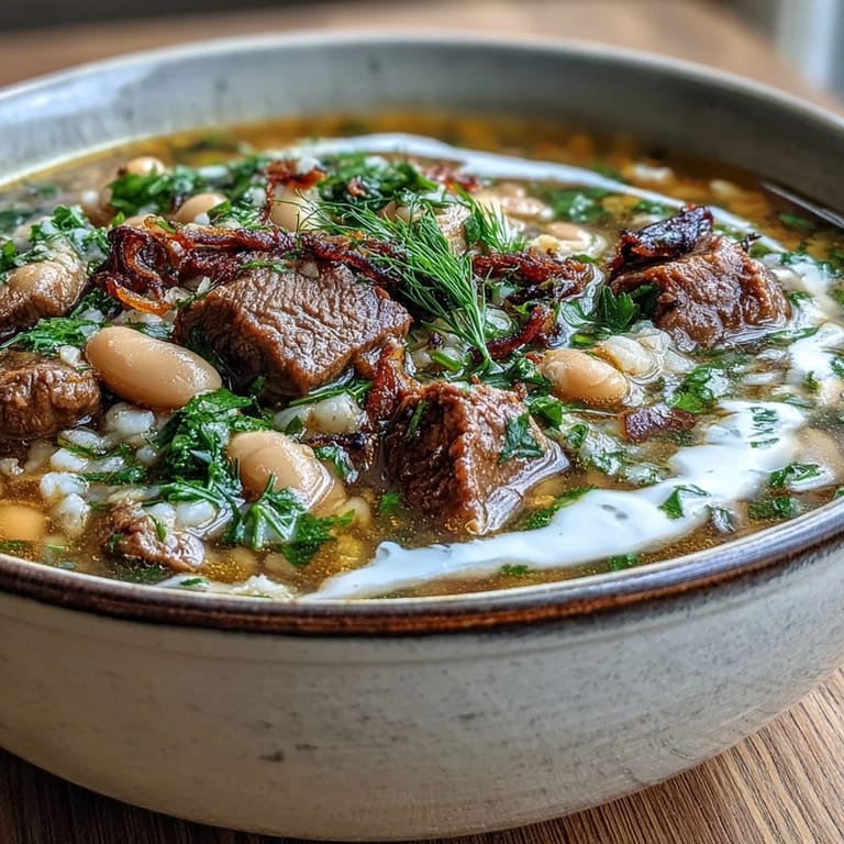 Spoon lifting a savory portion of Beef Barley Soup, revealing lentils and beans, garnished with crispy mint onions.