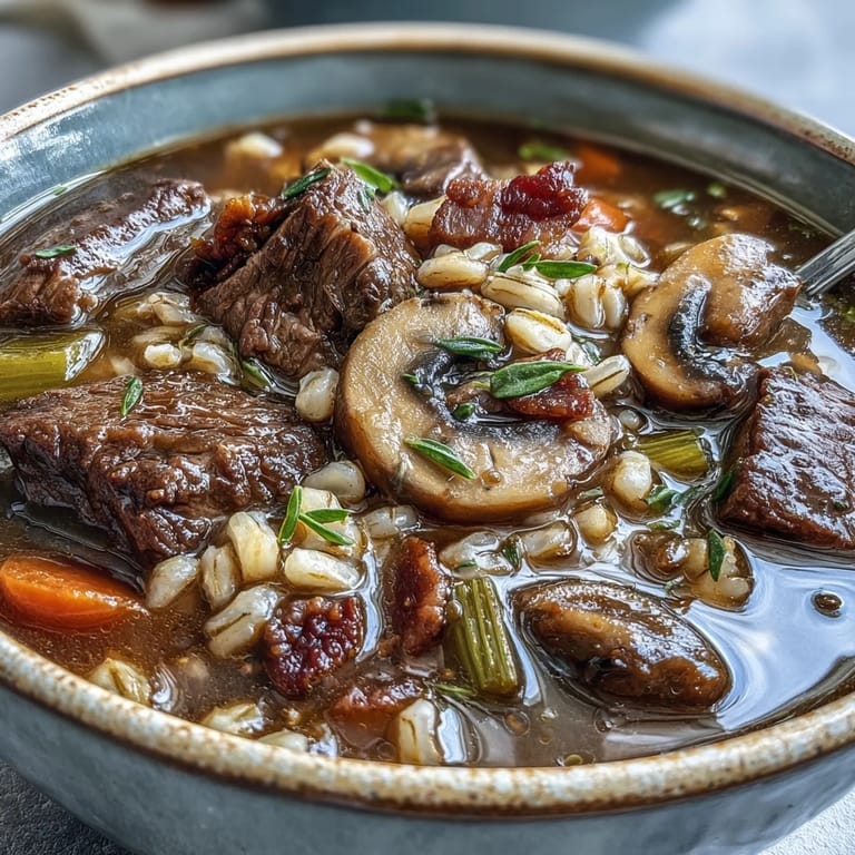 Hearty Beef and Barley Soup with Mushrooms simmering in a Dutch oven with rich, aromatic broth.