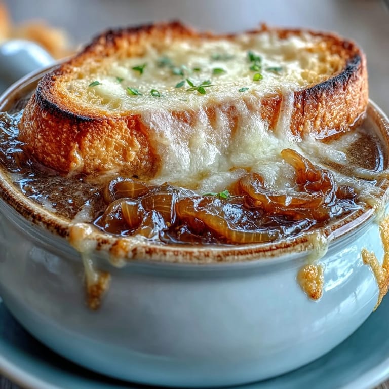 Serving Classic French Onion Soup garnished with thyme and toasted bread, perfect for a comforting weeknight dinner.