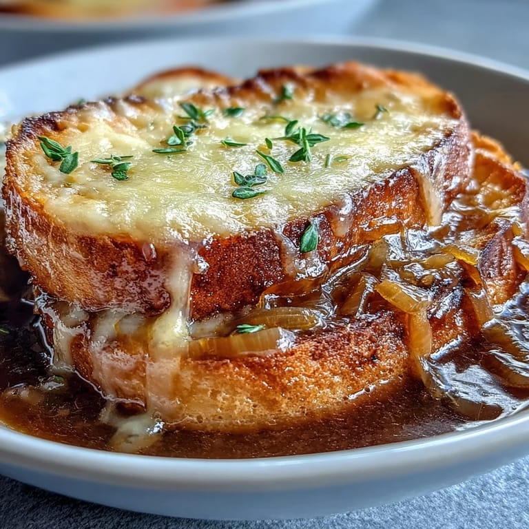 Hearty French Onion Soup served in a rustic crock, featuring deeply caramelized onions under a golden-brown cheese crust.