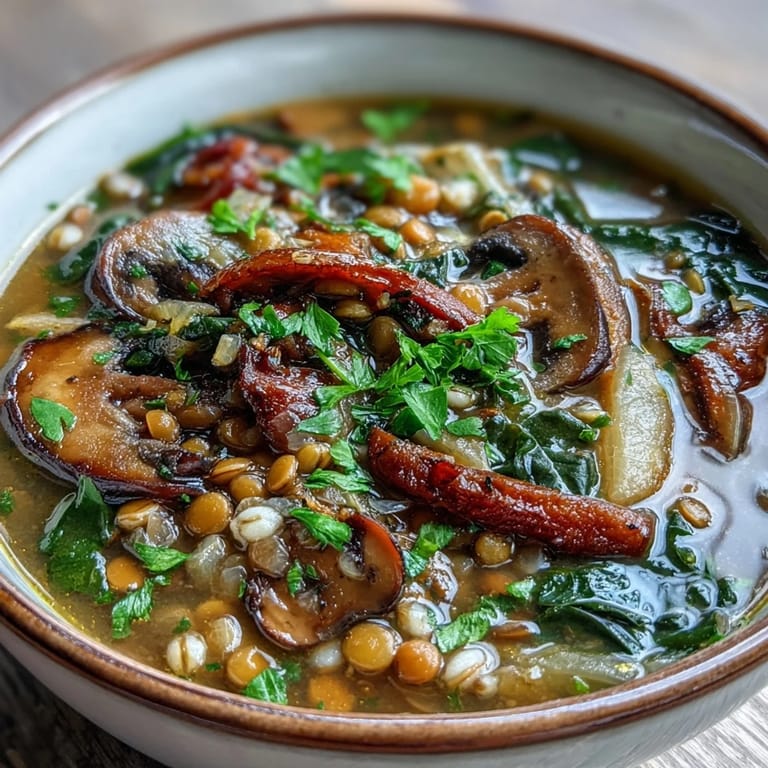 Ladling savory Double Lentil and Mushroom Barley Soup, showing tender lentils, mushrooms, and collard greens.