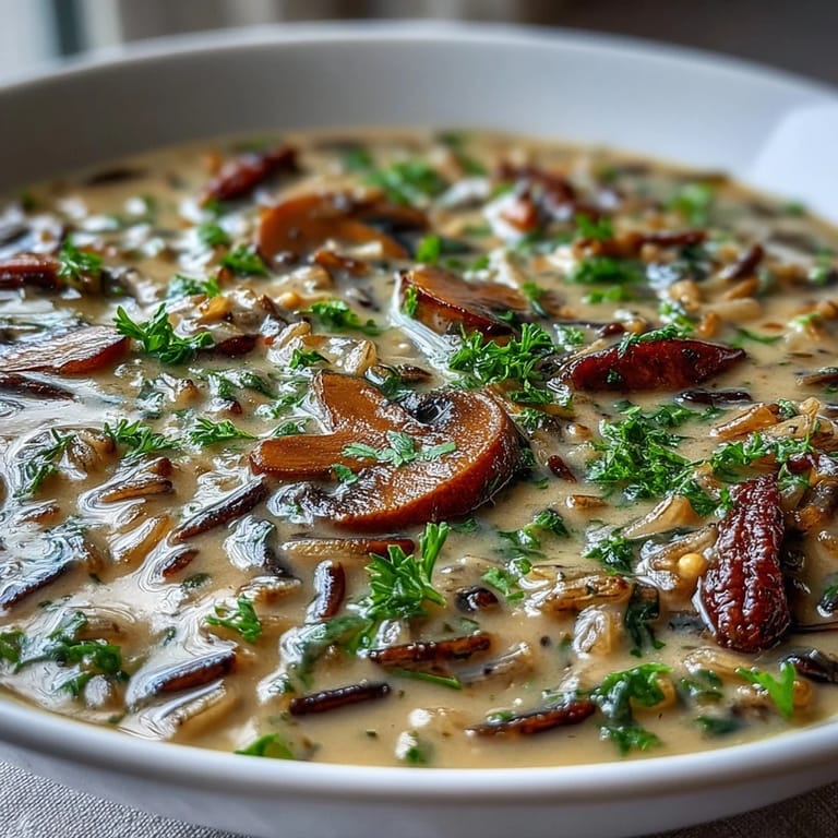 A spoon dipping into rich Wild Rice Mushroom Soup, topped with fresh thyme and pepper.