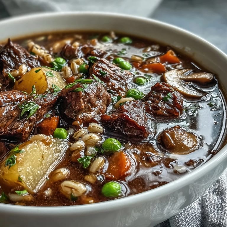 Rich ladle of beef and barley soup, loaded with potatoes, mushrooms, and celery, served in a rustic mug.