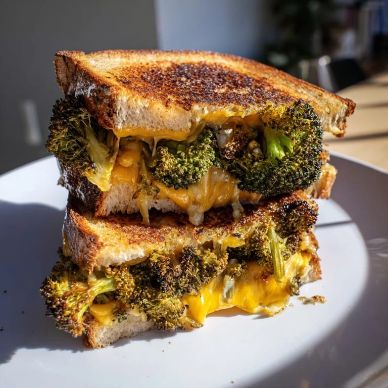 A close-up of the Roasted Broccoli & Cheddar Grilled Cheese reveals melted cheese pulling away from the crunchy, golden-brown bread crust.