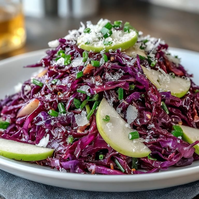 Crisp shredded red cabbage and tart apple pieces tossed in a tangy vinaigrette for Red Cabbage Coleslaw.