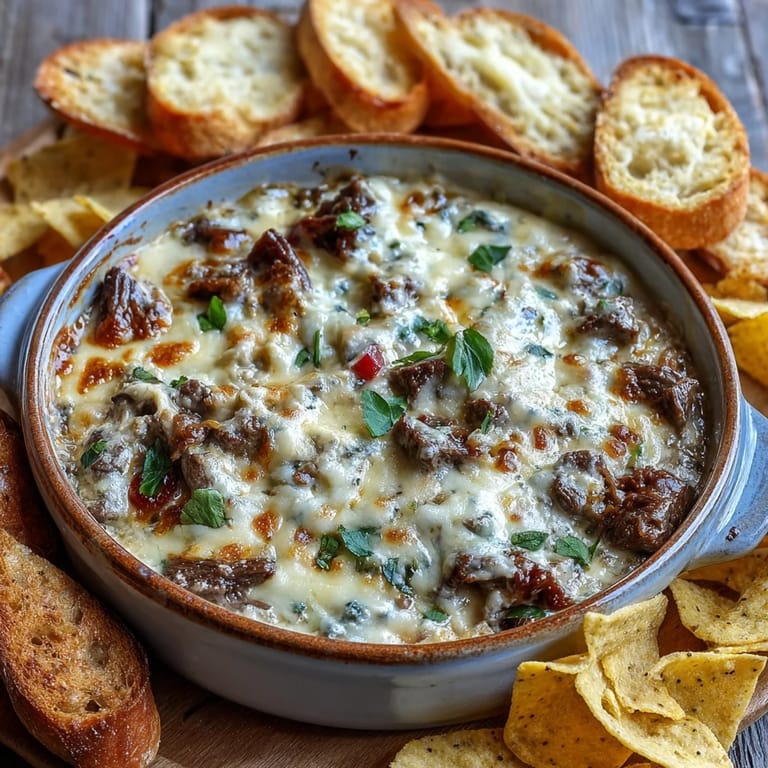Sizzling ribeye, peppers, and onions baked into a golden Philly Cheesesteak Dip with melty provolone, ready for game day.