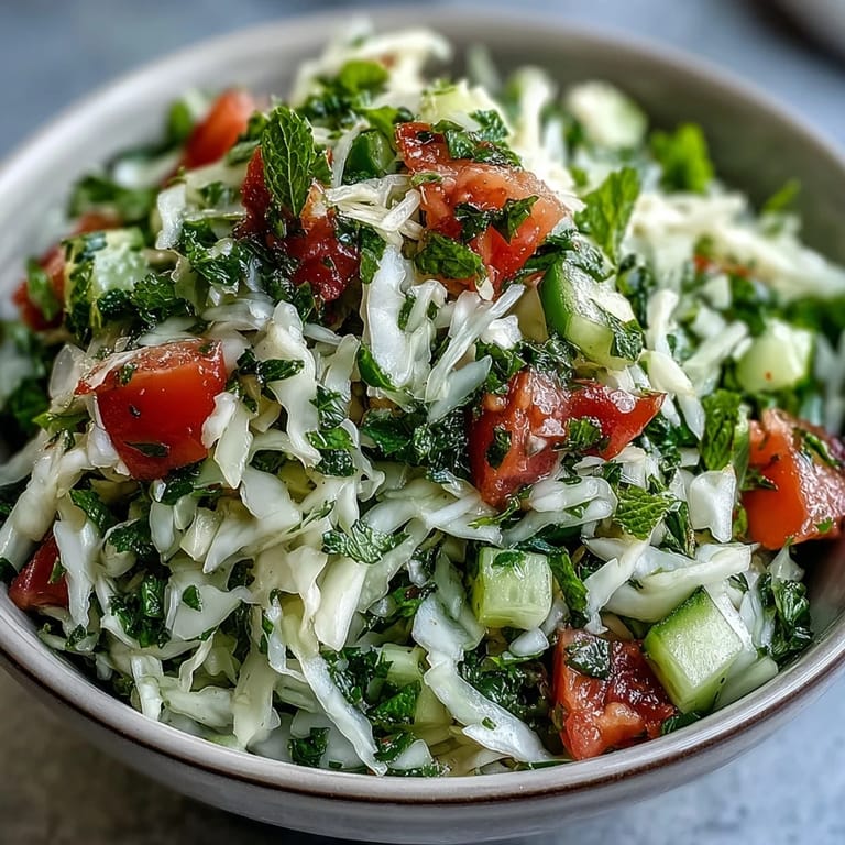 Colorful bowl of vegan Lebanese Cabbage Salad, a refreshing side dish topped with fresh herbs and a drizzle of olive oil.