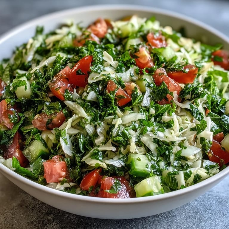 Finely shredded green cabbage and crisp veggies in Lebanese Cabbage Salad, served chilled for a quick, healthy, gluten-free meal.