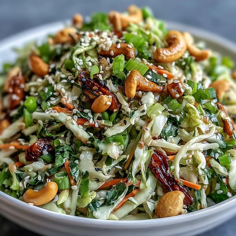 Bowl of crunchy Asian Cabbage Salad with toasted sesame seeds and chopped cashews, paired with grilled tofu.