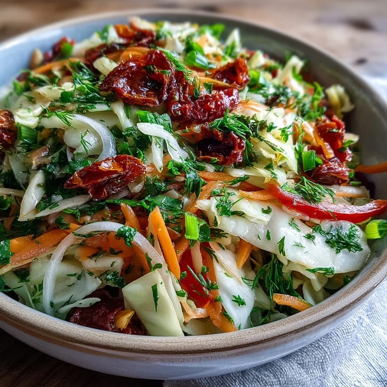 The fresh Cabbage Salad With Sundried Tomatoes in a white bowl, ready to serve alongside grilled chicken for a light lunch.