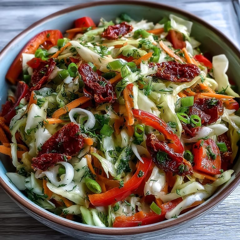 Overhead view of the crunchy Cabbage Salad With Sundried Tomatoes, mixing colorful carrots, bell peppers, and fresh herbs in a large bowl.