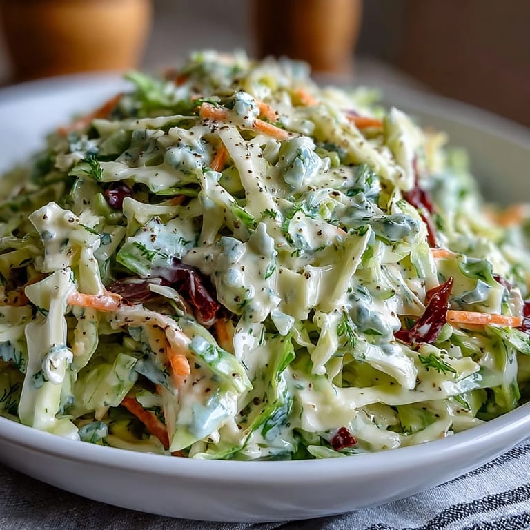 Chilled Coleslaw With Creamy Dressing served on a blue plate, garnished with a sprinkle of celery seed, offering a crisp and refreshing crunch.