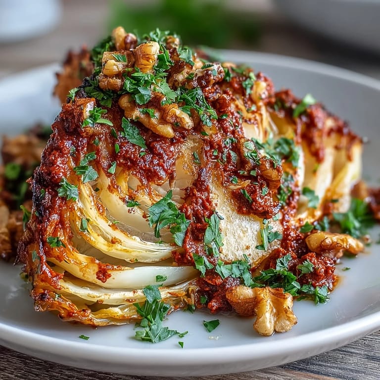 Warm Baked Cabbage Salad with Winter Romesco served with lemon wedges for bright flavor.