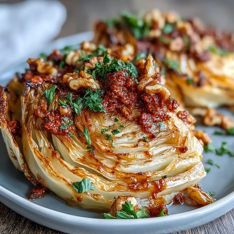 Tender, caramelized cabbage slices topped with bold romesco and fresh parsley garnish.