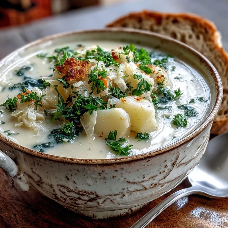 Steaming Creamy Potato Soup with Cabbage topped with parsley, paired with crusty bread for a cozy vegetarian meal.
