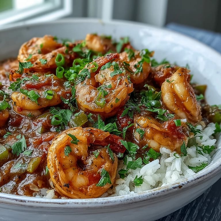 Garnished with green onions and parsley, Classic New Orleans Étouffée is ladled over fluffy white rice.