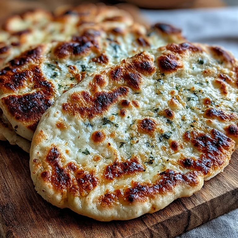 Stack of warm The Best Easy Garlic Naan Bread served beside a bowl of curry, perfect for scooping up rich sauce.