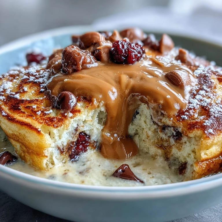 Steam rises from a single-serve Baked Protein Pancake Bowl, filled with blueberries and chocolate chips, ready for a high-protein breakfast or meal prep. 