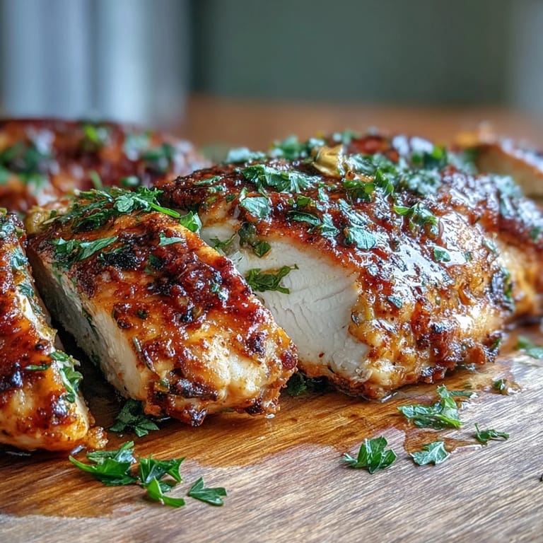 Juicy Oven Baked Chicken Breast sliced to reveal tender, flavorful meat, perfect for a healthy weeknight dinner. 