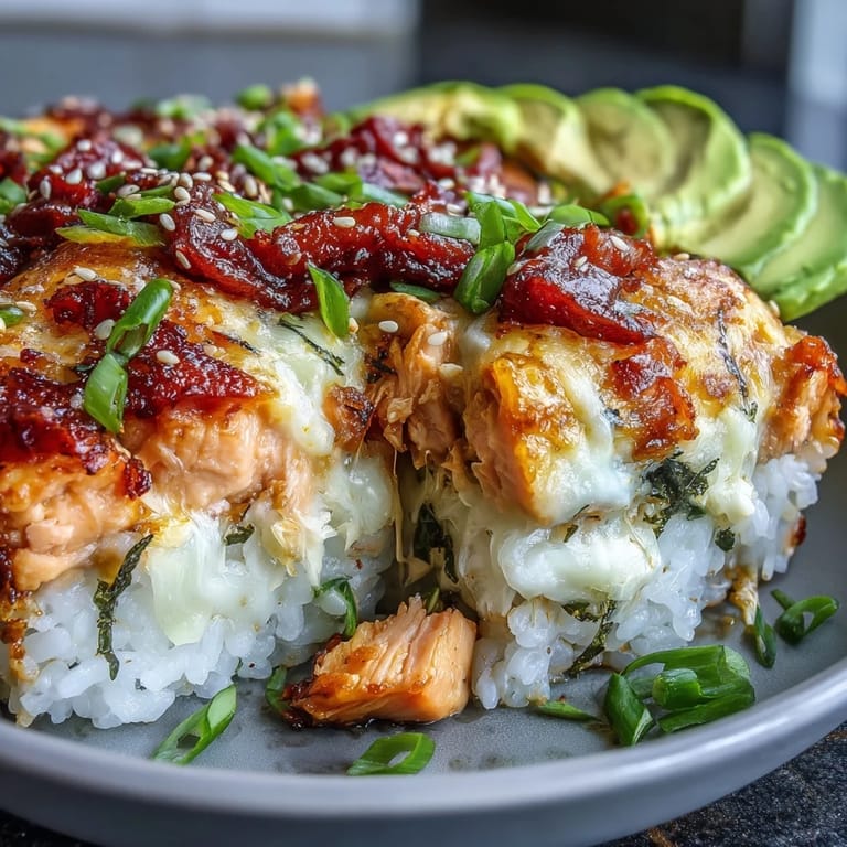 A close-up of creamy Spicy Salmon Sushi Bake topped with fresh avocado slices, ready to be scooped onto seaweed snacks.