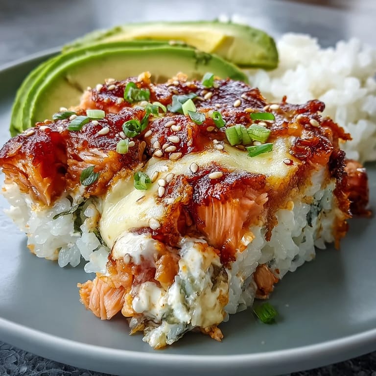 A delicious 9x9-inch pan of Spicy Salmon Sushi Bake, featuring layers of savory salmon, mayo, and rice for a family-style meal.