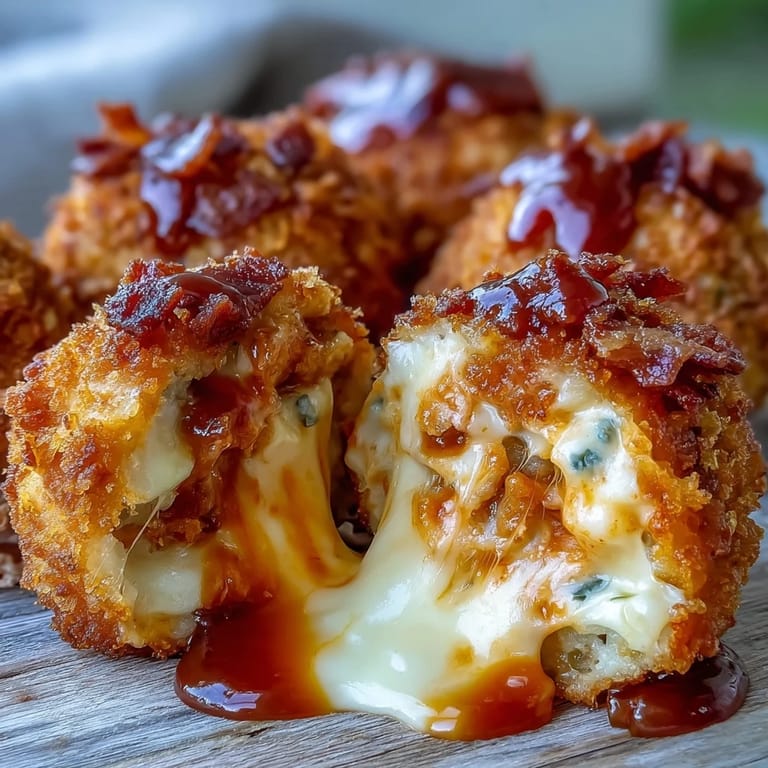 Twelve crispy Buffalo Chicken Bacon Mozzarella Bombs arranged on a platter, oozing melted mozzarella and showcasing smoky bacon bits inside the golden crust.