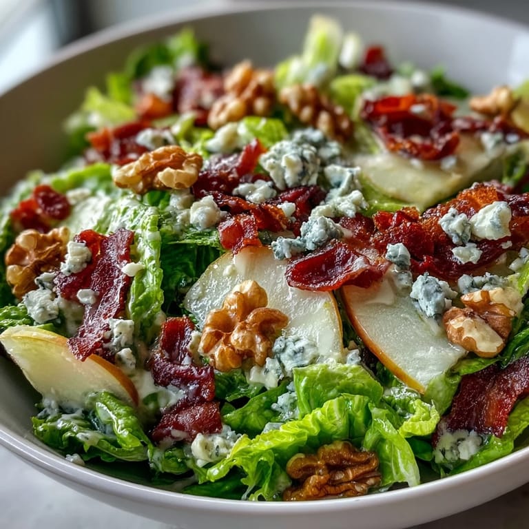 Close-up view of a Frisée Pear Blue Cheese Bowl garnished with walnuts, showing fresh ingredients in a rustic bowl.